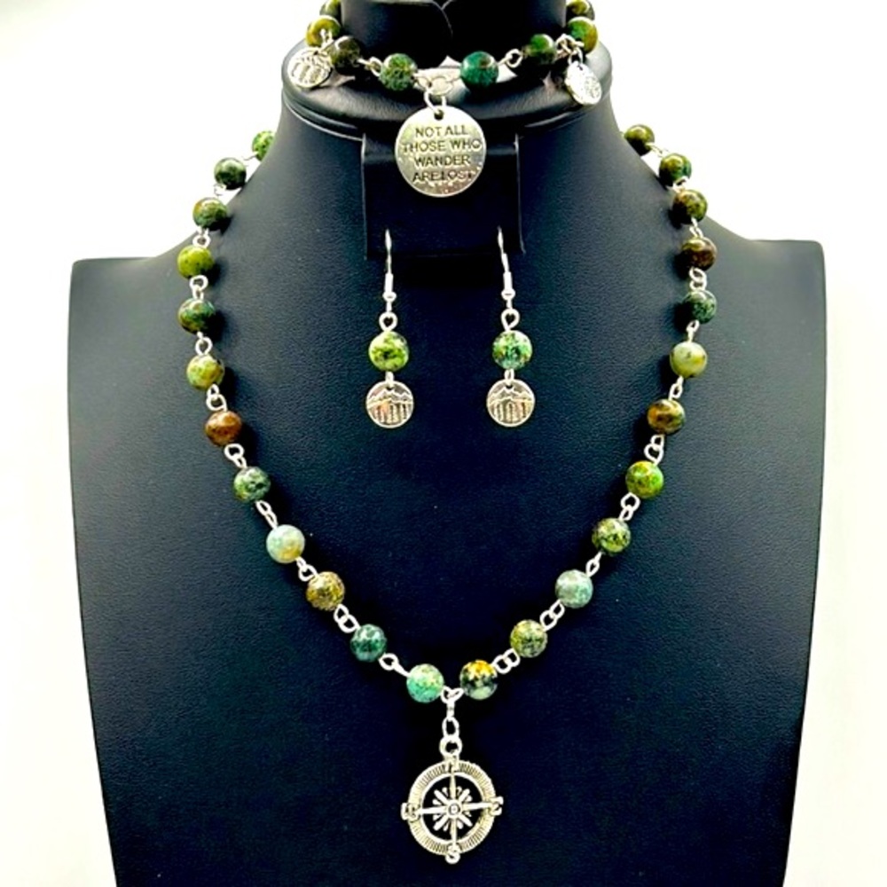 Handmade Compass Necklace Set with Natural African Turquoise Stones!
